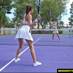 Melissa Moore in 'VR Naughty America' Petite babes, Melissa Moore and Riley Reid, are taking tennis lessons but would rather go back to your place and play with your balls (Thumbnail 144)